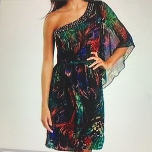 Bisou Bisou one shoulder peacock print dress